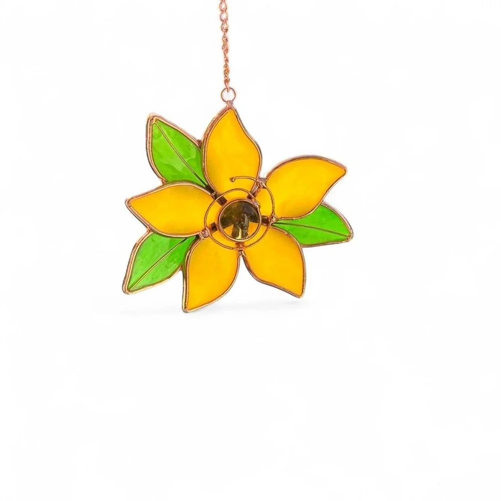 Yellow stained glass flower suncatcher with copper wire frame and glass orbs